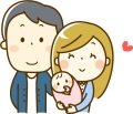 お父さんに並んでお母さんが赤ちゃんを抱っこしているイラスト